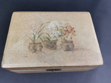 Load image into Gallery viewer, Vintage Jewelry or Trinket Box with Flowers in Planters on Top Wood and Canvas with Brass Closure
