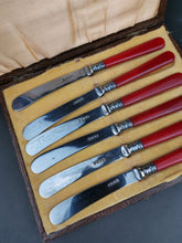 Load image into Gallery viewer, Vintage Cherry Red Bakelite Butter Knife Set in Original Presentation Box Case Set of 6 Knives Silver Plated EPNS 1930&#39;s Flatware Cutlery

