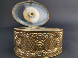 Antique Jewelry Box Gold Metal and Glass with Art Nouveau Lady in Top Victorian 1800's Original