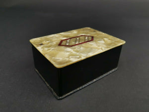 Vintage Art Deco Jewelry Ring or Trinket Box Celluloid Plastic 1920's Original Yellow Pink Black with Rhinestones