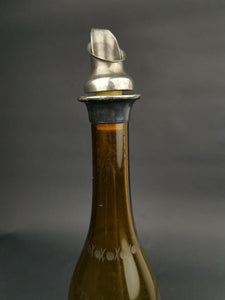 Antique Amber Glass Wine Decanter Bottle with Silver Top Stopper and Pourer Hand Blown with Etched Grapes