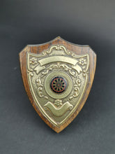 Load image into Gallery viewer, Vintage Darts Doubles Championship Shield Trophy Medal Award 1949 - 1950 W.O.L.D.L. Wood and Metal Relief with Enamel Dart Board

