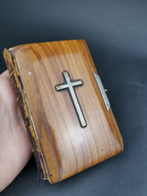 Load image into Gallery viewer, Antique Common Prayer Book Bible Olive Wood Church of England 1895 with Silver Cross Crucifix on Front and Leather Binding
