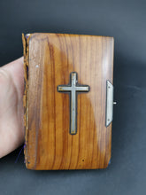 Load image into Gallery viewer, Antique Common Prayer Book Bible Olive Wood Church of England 1895 with Silver Cross Crucifix on Front and Leather Binding
