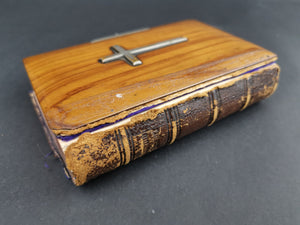 Antique Common Prayer Book Bible Olive Wood Church of England 1895 with Silver Cross Crucifix on Front and Leather Binding