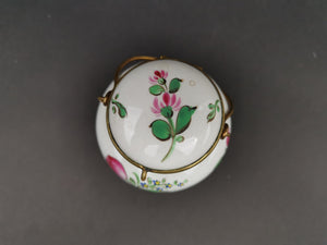 Vintage Lidded Pot Jar or Box Hand Painted Porcelain and Gold Metal with Top Handle