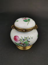 Load image into Gallery viewer, Vintage Lidded Pot Jar or Box Hand Painted Porcelain and Gold Metal with Top Handle
