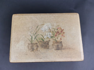 Vintage Jewelry or Trinket Box with Flowers in Planters on Top Wood and Canvas with Brass Closure