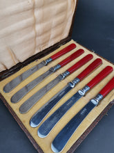 Load image into Gallery viewer, Vintage Cherry Red Bakelite Butter Knife Set in Original Presentation Box Case Set of 6 Knives Silver Plated EPNS 1930&#39;s Flatware Cutlery
