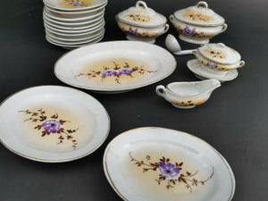 Antique Miniature Doll Dishes Set Ceramic Bisque Porcelain Hand Painted with Flowers 21 Pieces Plates  Soup Tureens Gravy Boat Platters