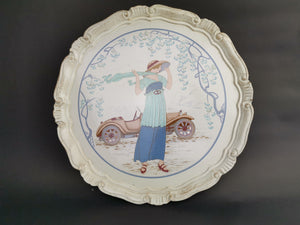 Vintage Flapper Lady and Car Art on Round Wood Wall Hanging