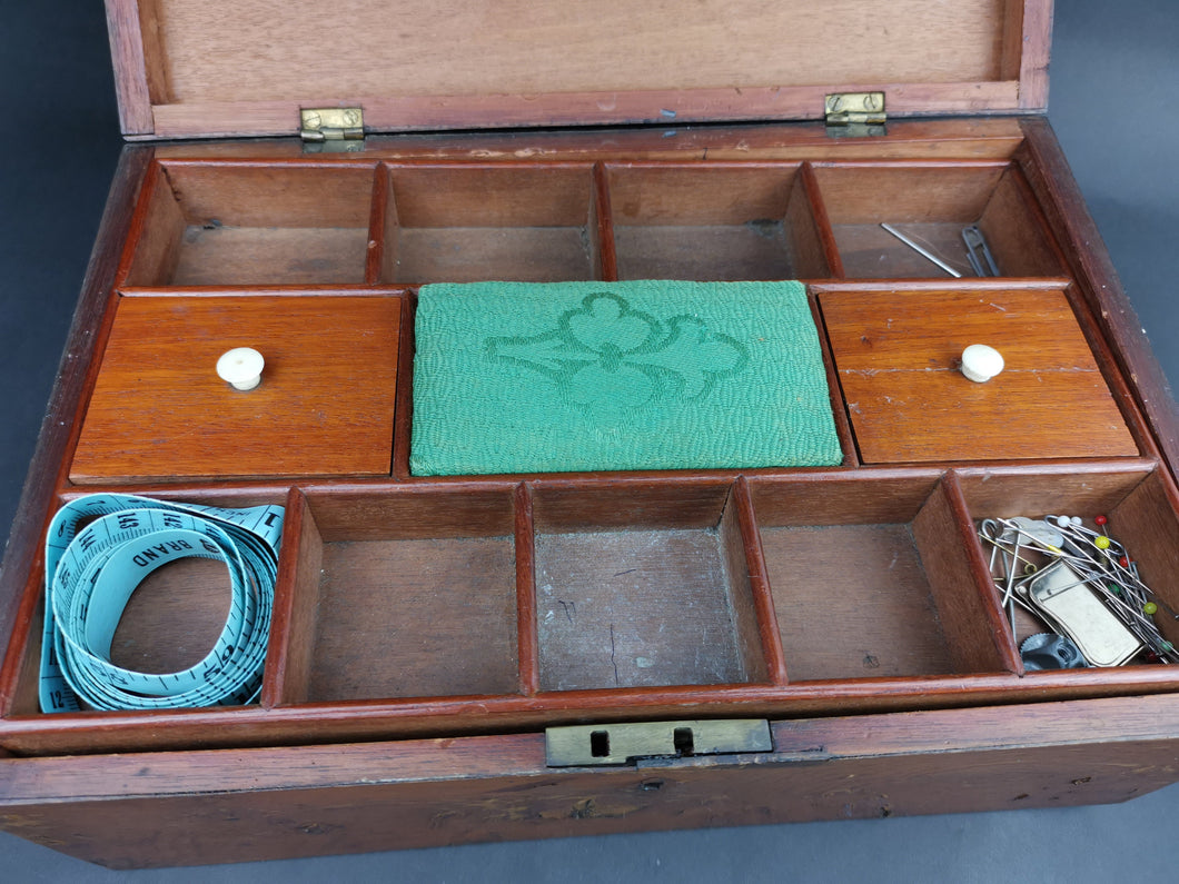 Antique Sewing or Jewelry Box with Removable Tray with Compartments Wood Wooden Early 1900's Original