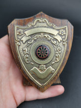 Load image into Gallery viewer, Vintage Darts Doubles Championship Shield Trophy Medal Award 1949 - 1950 W.O.L.D.L. Wood and Metal Relief with Enamel Dart Board

