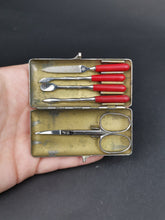 Load image into Gallery viewer, Vintage Miniature Manicure Nail Tools Set in Silver Chrome Metal Travel Case with Cherry Red Bakelite Handles 1920&#39;s Art Deco Original
