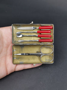 Vintage Miniature Manicure Nail Tools Set in Silver Chrome Metal Travel Case with Cherry Red Bakelite Handles 1920's Art Deco Original