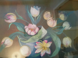 Antique Pink Tulip Flower Oil Painting on Canvas in Gold Gilt Frame Framed Victorian Original Art Late 1800's