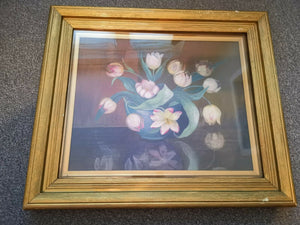 Antique Pink Tulip Flower Oil Painting on Canvas in Gold Gilt Frame Framed Victorian Original Art Late 1800's