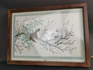Antique Chinese Birds on Cherry Tree Branch on Rice Paper in Wood Wooden Frame Framed Original Art