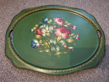 Load image into Gallery viewer, Vintage Toleware Tin Metal Serving Tray Platter Barge Ware Hand Painted Original Art Green and Gold with Flowers
