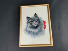 Load image into Gallery viewer, Vintage Blue Grey Cat Kitten Portrait Oil Painting on Board in Gold Gilt Frame Framed and Signed Dated 1964 Original Art
