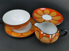 Load image into Gallery viewer, Vintage Luster Ware Cup Saucer Plate and Pitcher Jug Creamer Set Orange Black Gold Yellow and White Retro Flower Czechoslovakia
