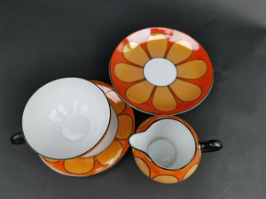 Vintage Luster Ware Cup Saucer Plate and Pitcher Jug Creamer Set Orange Black Gold Yellow and White Retro Flower Czechoslovakia