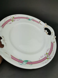 Antique Victorian Charger Plate Platter Serving White and Pink with Hand Painted Flowers Late 1800's Original Ceramic Porcelain