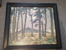 Load image into Gallery viewer, Vintage Forest and Trees Woodland Landscape Oil Painting on Wood Board Signed and Dated 1937  In Original Frame Art Deco 1937
