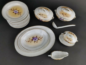 Antique Miniature Doll Dishes Set Ceramic Bisque Porcelain Hand Painted with Flowers 21 Pieces Plates  Soup Tureens Gravy Boat Platters