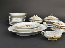 Load image into Gallery viewer, Antique Miniature Doll Dishes Set Ceramic Bisque Porcelain Hand Painted with Flowers 21 Pieces Plates  Soup Tureens Gravy Boat Platters
