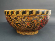 Load image into Gallery viewer, Vintage Wooden Bowl Hand Painted with Roses Penwork and Pyrography on Wood Rose Flowers Woodwork Carving 1920&#39;s - 1930&#39;s Art Deco
