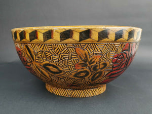 Vintage Wooden Bowl Hand Painted with Roses Penwork and Pyrography on Wood Rose Flowers Woodwork Carving 1920's - 1930's Art Deco