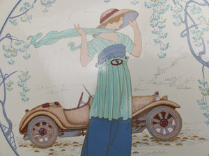 Vintage Flapper Lady and Car Art on Round Wood Wall Hanging