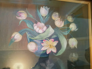 Antique Pink Tulip Flower Oil Painting on Canvas in Gold Gilt Frame Framed Victorian Original Art Late 1800's