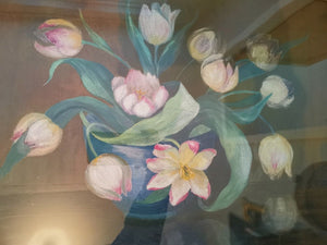 Antique Pink Tulip Flower Oil Painting on Canvas in Gold Gilt Frame Framed Victorian Original Art Late 1800's