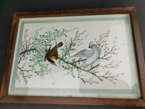 Antique Chinese Birds on Cherry Tree Branch on Rice Paper in Wood Wooden Frame Framed Original Art