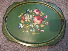 Load image into Gallery viewer, Vintage Toleware Tin Metal Serving Tray Platter Barge Ware Hand Painted Original Art Green and Gold with Flowers
