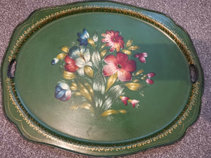 Vintage Toleware Tin Metal Serving Tray Platter Barge Ware Hand Painted Original Art Green and Gold with Flowers