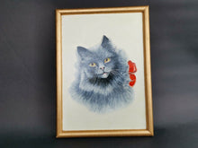 Load image into Gallery viewer, Vintage Blue Grey Cat Kitten Portrait Oil Painting on Board in Gold Gilt Frame Framed and Signed Dated 1964 Original Art

