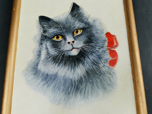 Vintage Blue Grey Cat Kitten Portrait Oil Painting on Board in Gold Gilt Frame Framed and Signed Dated 1964 Original Art