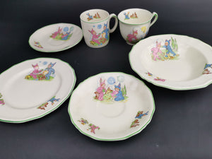Vintage Alfred Meakin Pixie Ware Dishes Teacup Cup Mug Saucers Plate Bowl Set Ceramic Pottery Made in England 1950's Mid Century Original