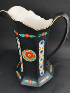 Antique Pitcher Jug Vase Large Ceramic Pottery Arts and Crafts Art Nouveau Deco Late 1800's - Early 1900's Original Black Multicolored