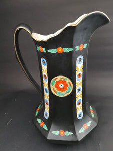 Antique Pitcher Jug Vase Large Ceramic Pottery Arts and Crafts Art Nouveau Deco Late 1800's - Early 1900's Original Black Multicolored