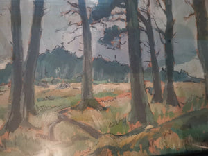 Vintage Forest and Trees Woodland Landscape Oil Painting on Wood Board Signed and Dated 1937  In Original Frame Art Deco 1937