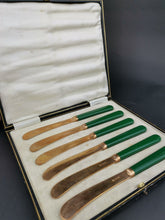 Load image into Gallery viewer, Vintage Butter Knife Cutlery Set of 6 Gold Plated and Green Bakelite in Original Fitted Presentation Case Box 1930&#39;s James Deakin England
