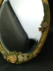 Vintage Barbola Flower Mirror Oval Dresser or Vanity Mirror 1940's Original
