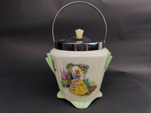 Load image into Gallery viewer, Vintage Biscuit Barrel Cookie Jar Art Deco Crinoline Lady 1920&#39;s - 1930&#39;s Ceramic Pottery Bakelite and Silver Chrome Metal Made in England
