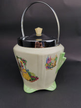 Load image into Gallery viewer, Vintage Biscuit Barrel Cookie Jar Art Deco Crinoline Lady 1920&#39;s - 1930&#39;s Ceramic Pottery Bakelite and Silver Chrome Metal Made in England
