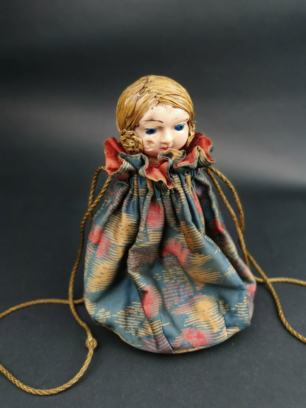 Vintage Pouch Purse with Celluloid Flapper Doll Inside Drawstring Bag 1920's Original