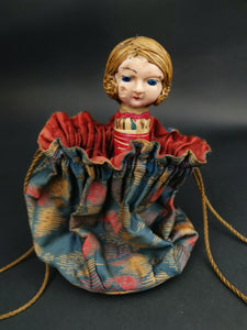 Vintage Pouch Purse with Celluloid Flapper Doll Inside Drawstring Bag 1920's Original